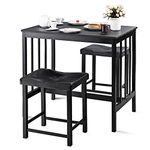 COSTWAY 3 Piece Bar Table Set, Space Saving Dining Table with 2 Upholstered PU Stools and Footrest, Metal Frame Breakfast Kitchen Table Chairs Set for Dining Room Pub