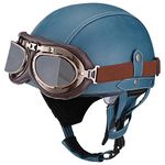 Woljay Vintage Leather Motorcycle Retro Half Helmet Men Women Adult for Scooter Bike Cruiser with Goggles and Drop Down Sun Lens (Medium, Blue)