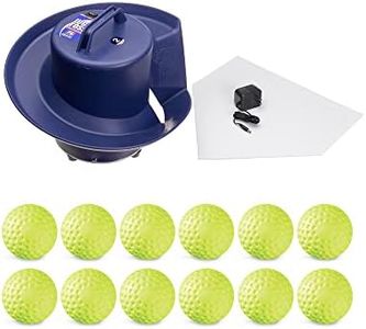 Jugs Toss Machine with 1-Dozen Sting-Free Game-Ball Yellow Dimpled Softballs, Holds up to 10 Softballs, Tosses One Ball Every 5 Seconds, Rechargeable, Runs up to 8 Hours