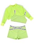 Manyakai Kids Girls 3Pcs Street Dance Outfit Athletic Tracksuit Crop Top Sweatshirt with Booty Shorts Set Fluorescent Green 9-10 Years