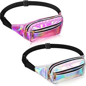 2 Pieces Fanny Pack Shiny Holographic Waist Bags Waterproof Neon Fanny Packs for Women Festival Party Travel Rave Hiking Outdoor Activities(Silver, Pink, Medium), Pink, Small, Fanny