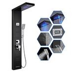 ROVOGO Stainless Steel 304 Shower Panel Tower System with LED Lights and Temperature Display, Rainfall Waterfall Shower Head, 3 Function Handheld, 4 Body Jets and Bathtub Spout, Shower Column Black