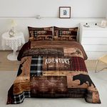 Rustic Cabin Comforter Set Twin Size,Farmhouse Bedding Set Kids Boys Girls Brown Cabin Decor,Hunting Animals Bedspread Bear Deer WildlifeDuvet Insert Patchwork Red Black Plaid Lodge Quilt Set 2pcs