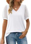 Aokosor T Shirts for Women V Neck Tops Ladies Swiss Dot Puff Sleeve Summer Tee White Size 10-12