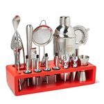 G2S Professional Bartender Kit and Cocktail Shaker Set with Stand - 17 Piece Stainless Steel Home Bar Accessories with Modern Bamboo Stand for Mixology Bartending and Drink Mixing (Red)