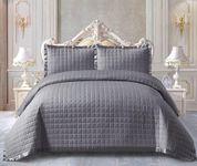 Prime Linens Quilted Bedspread Throw + 2 Matching Pillow Shams for Bedroom Décor Coverlets Embossed Quilt Bedding Set Bed Throw Embroidered (Grey, Super King (270 x 250 Cm))