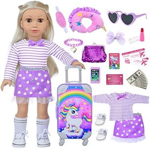 DONTNO 29 Pcs American Doll Clothes and Accessories, Cute Travel Play Set for 18 Inch Doll with Purple Clothes Suit, Unicorn Suitcase, Handbag, Lipstick, Camera, Sunglasses for Kids