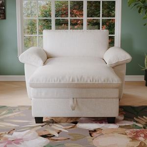 Living Source International 51-Inch Chaise Lounge Chair with Storage Ottoman, Chenille Fabric, Beige