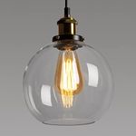 foucasal Vintage Glass Pendant Light, Industrial Ceiling Lights with Clear Ball Glass Light Shade, Adjustable Pendant Lighting for Kitchen Island Dining Room Bedroom（ø20CM）