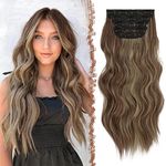 FESHFEN Clip in Hair Extensions 4PCS Reddish Brown Mixed Ash Blonde Thick Hair Piece Long Wavy Highlighted Clip in Extensions Full Head Synthetic Fiber Hairpieces for Women, 20 Inch 180g