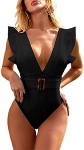 Avanova Women's One Piece Ruffle Swimsuit Deep V Neck Strappy Swimwear Bathing Suits Black X01 X-Large, Black