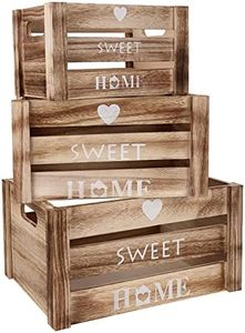 BELLE VOUS Lot de 3 Caisses Bois avec Poignées - Cagette Bois Décorative Rustique de Petite, Moyenne et Grande Taille - Caissette Bois Naturel Heart, Sweet Home