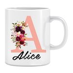 GiftHub Personalised Floral Mug Stylish Initial with Name, Customised Gift for Valentine’s Day, Birthday, Mothers Day for Mom, Dad, Kids, Friends or Girls, 11oz Ceramic Coffee/Tea Cup