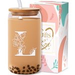 Glass Cup Birthday Gifts for Women Personalized Monogram Gift for Women - 16 oz Clear Bamboo Glass Cups with Lid Straws Gifts for Mothers Day for Friends Teacher Nurse Mom Sister Aunt Letter L