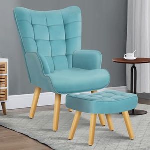 ALFORDSON Velvet Armchair Nursing Chair with Ottoman Footstool Bozena Series, Leisure Occasional Lounge Sofa Wooden Legs, Accent Chair for Reading Dressing Bedroom Living Room, 180kg Loading, Blue