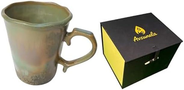 Avsunela Handcrafted Stoneware Coffee Mug Olive Green Ceramic with Artistic Glaze & Wavy Rim, 15 oz Decorative for Coffee/Tea & Display, Microwave/Dishwasher Safe Gift for Women & Coffee Lovers