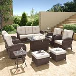 Aeeiua 10 Pieces Wicker Patio Furniture Set with Fire Pit Table, Luxury Outdoor Conversation Set with High Back Swivel Rocker Chairs