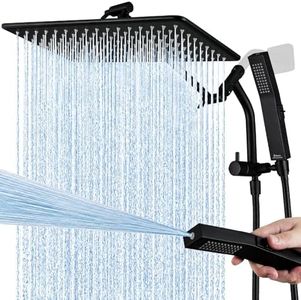G-Promise All Metal 14 Inches Rain Shower Head with Handheld Built-in Power Wash Mode, 3-way Shower Diverter with Pause Setting, 11 Inches Adjustable Extension Arm, Long Hose (Matte Black, 14 Inches)