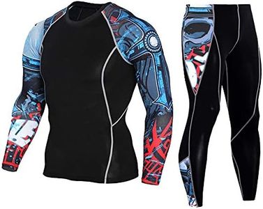 Men's Workout Set Compression Shirt and Pants Top Long Sleeve Sports Tight Base Layer Suit Quick Dry & Moisture-Wicking Red&Blue L