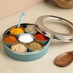 anantam homes Homes Stainless Steel Masala Dabba Masaladani | Spice Box For Kitchen | Masala Dani With See Through Lid With 7 Containers And A Small Spoon- Moss-Green, Blue-Green