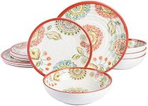 Gibson Home Mauna Melamine Plastic Dinnerware Set, Service for 4 (12pcs), Brick Floral