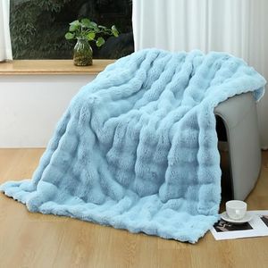 UGFJMN Faux Rabbit Fur Throw Blanket, Grey Thick and Warm Blanket for Winter, Cozy Soft Elegant Fluffy Decoration Blanket for Sofa, Couch and Bed, Heavy Fuzzy Luxury Blanket Blue 160×200cm