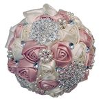 Abbie Home 8 Inches Bride Wedding Bouquet - Satin Roses with Pearls Rhinestone Brooches Accessories (Blush Pink & Creamy White)