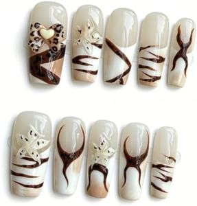 Handmade Press on Nails with Charms - Long Square French False Nails, Stars, Leopard, 3D Flower Embossed Designs for Women & Girls, Nail Kit S SIZE