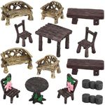 ONEST 14 Pieces Garden Miniature Accessories Mini Table and Chairs Village Bench Chair Micro Landscape Garden Ornament Figurines for DIY Craft Garden Decor