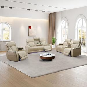 FUOROLA Power Recliner Sofa Set, Breathable Leather Couch Reclining Living Room Sectional Sofa, Recliner Sectional Sofa Set with Cup Holders/Storage Console/USB Ports (Khaki)