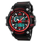 SKMEI Men's Digital Sports Watch, 50M Waterproof Military Watches LED Screen Large Face Stopwatch Alarm Wristwatch, Red, Digital
