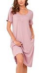 Vlazom Women's Nightdress, Ladies Soft Nighties U-Neck Nightshirts Short Sleeve Sleep Dress Nightgown Sleepwear,C-Rose Pink, XXL