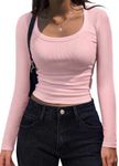 Zeagoo Women's Long Sleeve T Shirts Scoop Neck Ribbed Knit Fitted Shirt Casual Slim Basic Top Blouses Light Pink