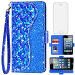 Asuwish Phone Case for iPhone 5S 5 SE 2016 5SE Wallet Cover with Screen Protector and Flip Card Holder Bling Glitter Cell iPhone5 iPhone5s iPhoneSE iPhone6se i 6SE iPhone5se Women Girls Blue