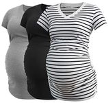 Smallshow Women's V Neck Maternity Clothes Tops Side Ruched Pregnancy T Shirt Medium Black-Light Grey-White Stripe