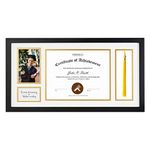 Golden State Art, Diploma Tassel Shadow Box 11x22 Frame for 8.5x11 Document/Certificate & 4x6 Photo, with Double Mat (White Over Gold), Tassel Holder & Real Glass, Black