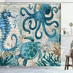 GOOESING Nautical Biological Theme Shower Curtain Blue Ocean Sea Turtles Octopus Seahorse Beach Coral Reef Vintage Nautical Map Curtain Fabric Bathroom with Hooks Washable, Teal,72 X 72 Inch