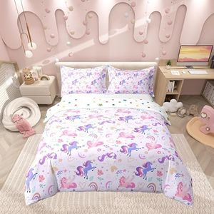 100% Nature Cotton Purple Unicorn Duvet Cover Queen,Dreamy Rainbow Pink Flowers Super Soft Bedding Set,Girls Room Decor Moon Star Love Hearts Comforter Cover Bedding 3 Piece (No Comforter)