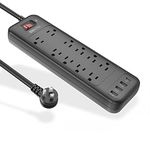 Power Bar, Surge Protector with 10 Outlets and 3 USB Ports (5V/2.4A) & 1 USB-C Port (5V/3A), 1875W/15A, 3600 Joules, Flat Plug, Spaced Outlets with 6ft Extension Cord for Home Office - Back