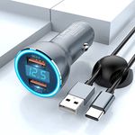 [All Metal] Dual QC3.0 Car Charger with 3FT USB Type C Cable and Cable Clip [Dual QC3.0 Port] 36W/6A Fast Car Charger Adapter Mini Cigarette Lighter USB Charger Quick Charge 3.0