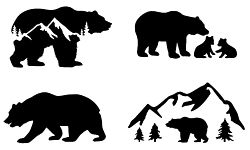 Bear Decal 4 Pack: Bear Mountain Silhouette, Momma Bear and Cubs, Walking, Mountain Bear (Black, Small ~3.5")