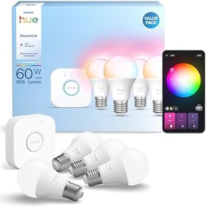 Philips Hue Essential Starter Kit: Bridge + 4 Essential E27 Smart Bulbs, White and Color Ambiance, 2200K-6500K, Dimmable, Compatible with Alexa, Google Assistant, Samsung SmartThings, Apple Home