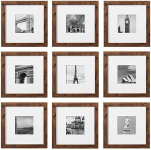 eletecpro 8x8 Picture Frames Set of 9 Classic Gallery Wall Frame Set Displays 4x4 Photo with Mat or 8x8 without Mat, Square Picture Frames Collage Wall Decor, Rustic Brown Modern Home Decor for