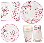 96 Pcs Pink Cherry Blossom Party Supplies Set Paper Plate Cup Napkin Spring Floral Flowers Baby Shower Tea Birthday Disposable Dinnerware Serve 24