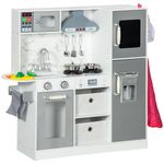 AIYAPLAY Wooden Play Kitchen Kids Toy Kitchen Playset Role Playing Game with Lights, Sounds, Apron and Chef Hat, Ice Maker, Microwave, Range Hood, Utensils, Cuttable Food, for Ages 3-6 Years - White