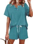 WIHOLL Summer Outfits For Women 2 Piece Lounge Sets Short Sleeve Turquoise S