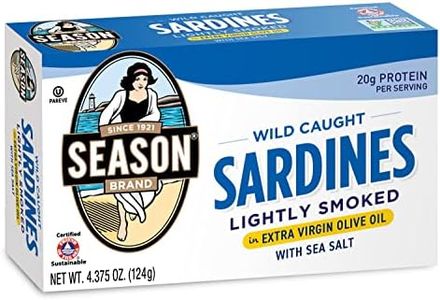 Season Sardines in Extra Virgin Olive Oil - Wild Caught, Lightly Smoked, 21g of Protein, Keto Snacks, More Omega 3's Than Tuna, Kosher, High in Calcium, Canned Sardines - 4.37 Oz Tins, 12-Pack