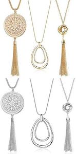 SEVENSTONE 3PCS Long Pendant Necklaces for Women Knot Disk Circle Tassel Statement Sweater Necklace Set, Metal