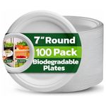Ask Packaging Strong Paper Plates (7 Inch - 100 Pack) 100% Compostable Disposable Bagasse Plates - Heavy Duty Eco-Friendly Biodegradable Sugarcane Plate for Parties – Microwave & Freezer Safe
