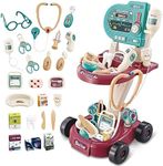 Doctor Play Set Doctor Kit Pretend Medical Station Set for Kids 24 Accessories Mobile Cart with Lights, Eye Chart, Thermometer, Stethoscope, Pulse Machine Gift for Toddlers Boys Girls